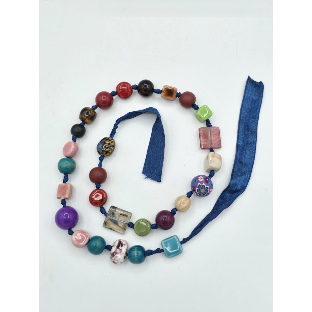 VINTAGE Chunky Multicolored 27-Beaded Adjustable Necklace Strung On Blue Ribbon - Picture 3 of 10